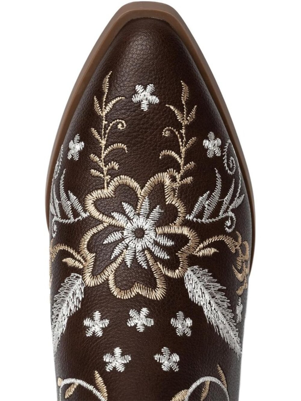 Women's Brown Gold Embroidery Chunky Heel Zip Up Pointed Toe Cowgirls Boot - Picture 4 of 5